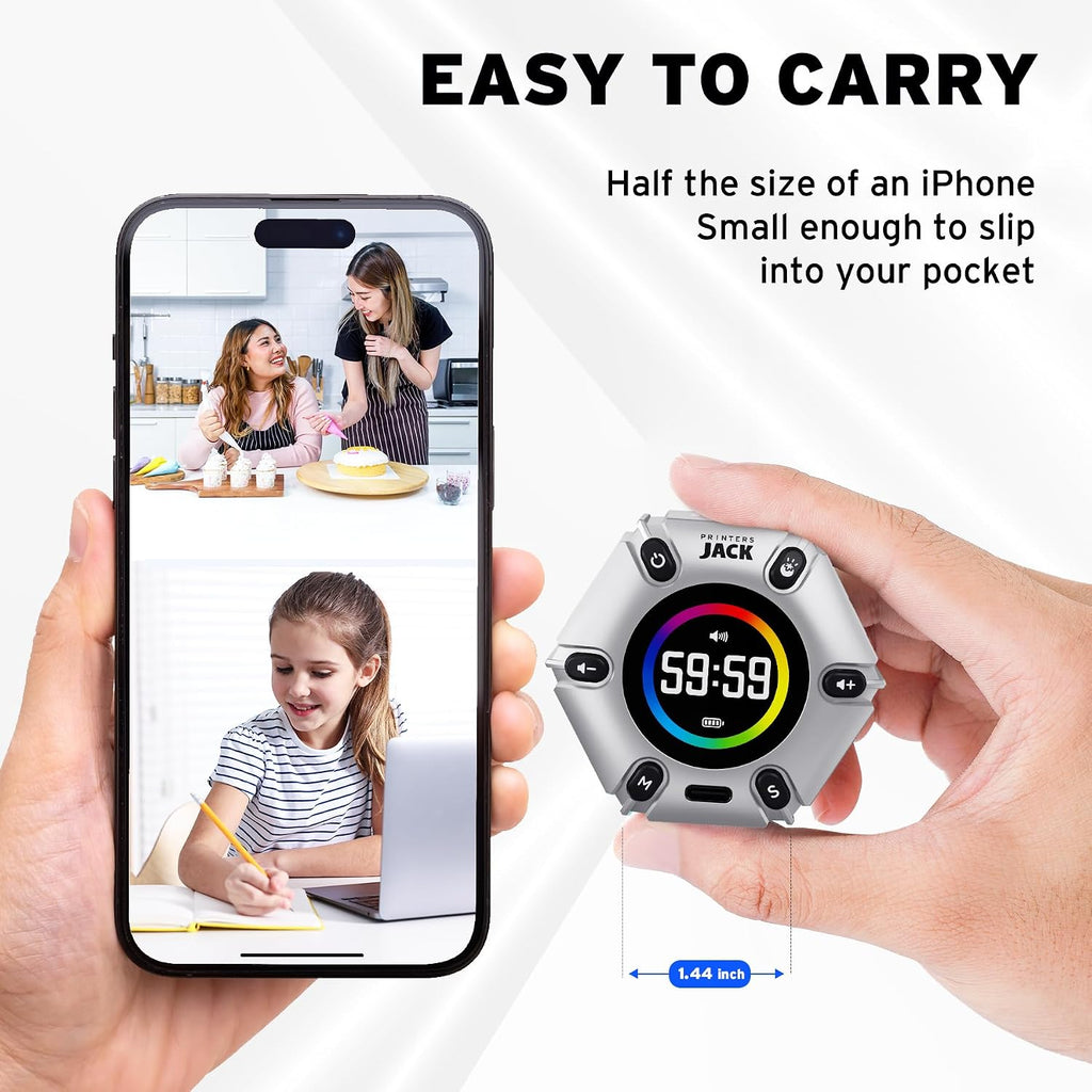 Pomodoro Timer - Productivity Cube, Visual Focus Timer, Mute & Vibration & Adjustable Sound Alert, for Office, ADHD, Study, Work, 3/5/10/25/30/60Min & Custom Countdown - Silver