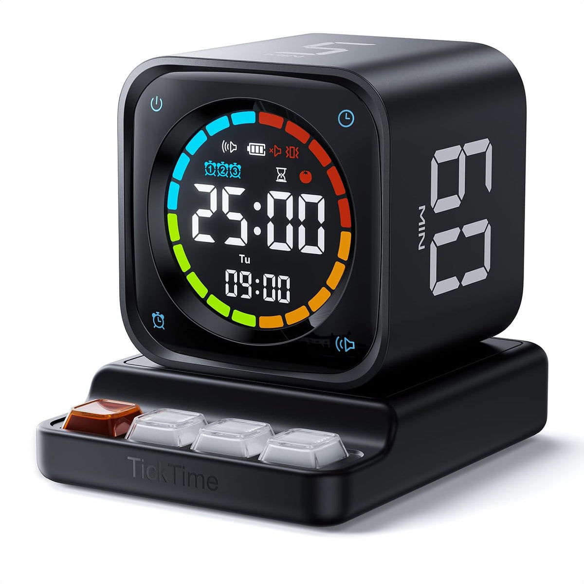 TK3 Pomodoro Timer Cube, Desk Productivity Timer with 5/10/30/60 Min Presets, Custom Countdown, Stopwatch, Clock, 3 Alarm, Silent, Vibrate & Sound Alert, for Task, ADHD, Study, Kitchen, Black