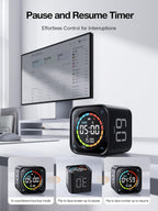 TK3 Pomodoro Timer Cube, Desk Productivity Timer with 5/10/30/60 Min Presets, Custom Countdown, Stopwatch, Clock, 3 Alarm, Silent, Vibrate & Sound Alert, for Task, ADHD, Study, Kitchen, Black
