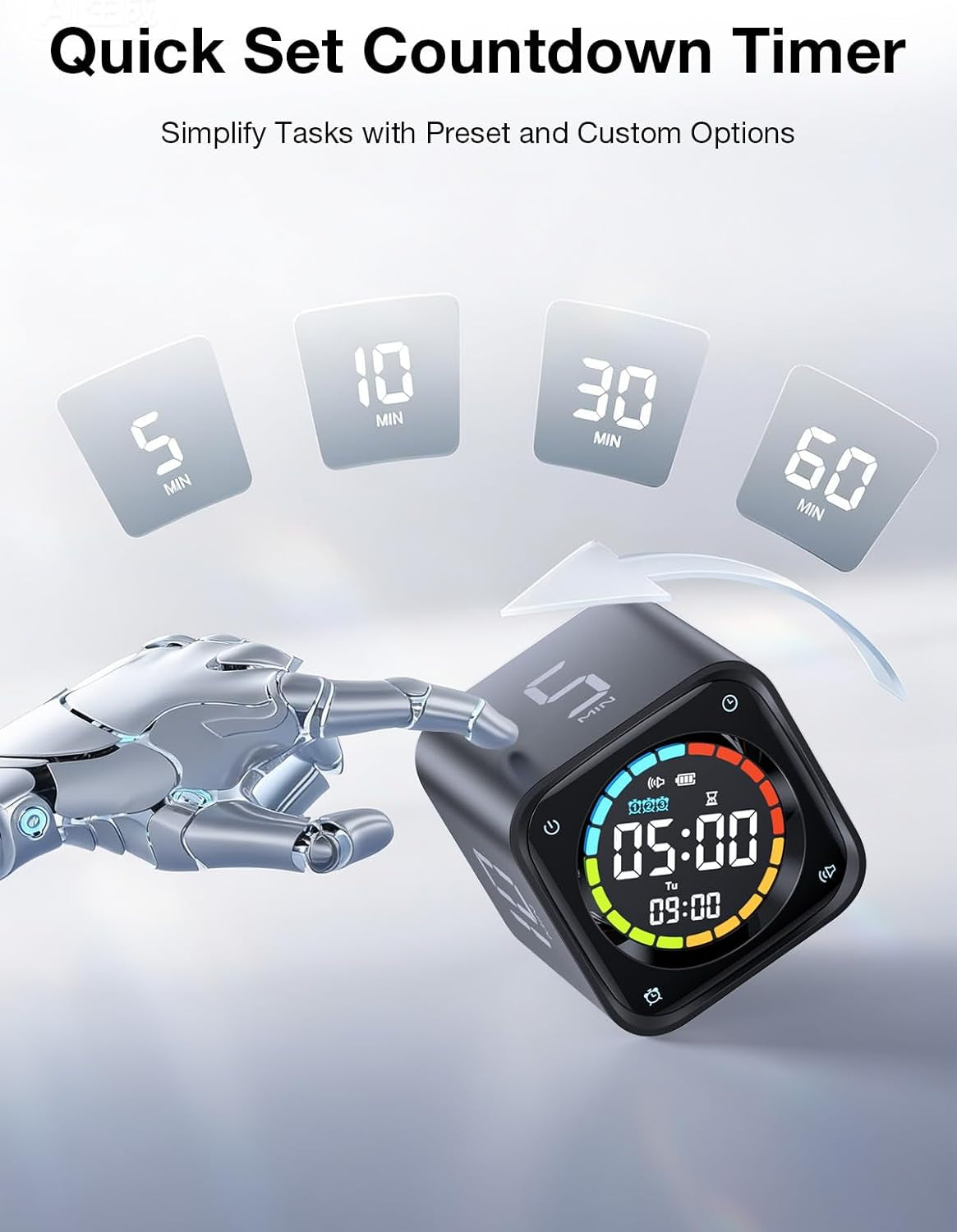 TK3 Pomodoro Timer Cube, Desk Productivity Timer with 5/10/30/60 Min Presets, Custom Countdown, Stopwatch, Clock, 3 Alarm, Silent, Vibrate & Sound Alert, for Task, ADHD, Study, Kitchen, Black