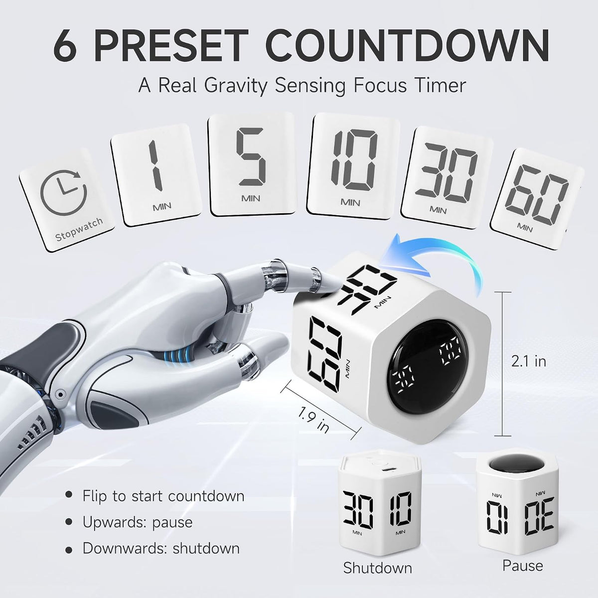 Productivity Timer, 1, 5, 10, 30, 60 Minute Presets, Desk Cube Timer