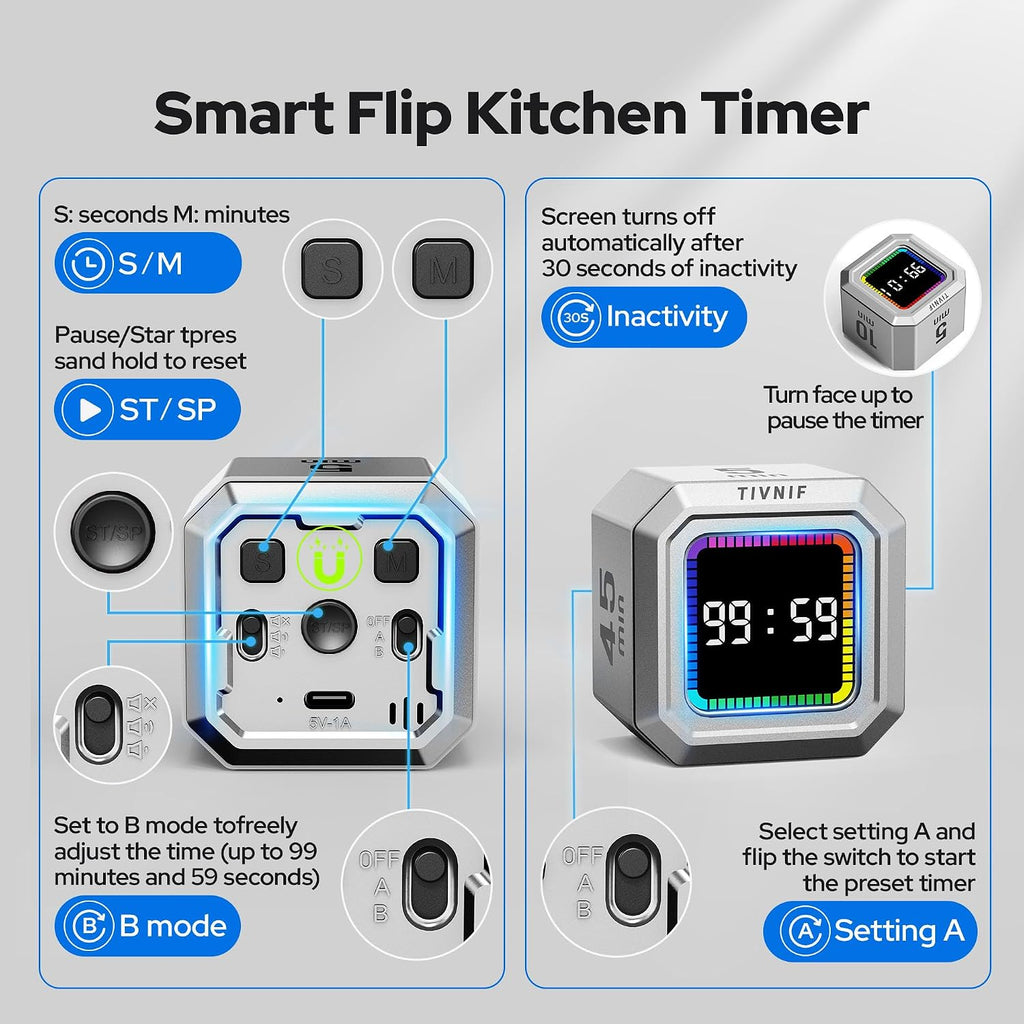 Kitchen Timer Visual Timer for Kids Color Display Gravity Sensor Cube
