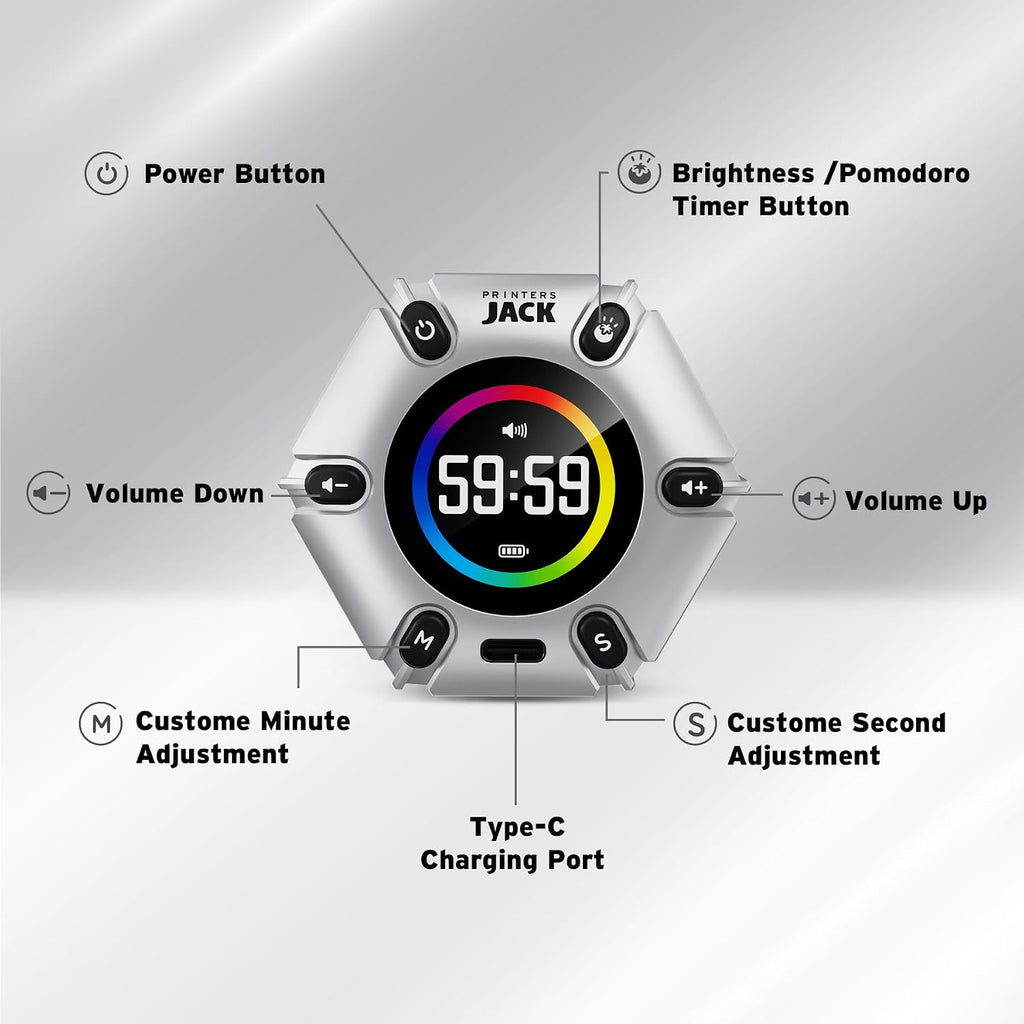 Pomodoro Timer - Productivity Cube, Visual Focus Timer, Mute & Vibration & Adjustable Sound Alert, for Office, ADHD, Study, Work, 3/5/10/25/30/60Min & Custom Countdown - Silver