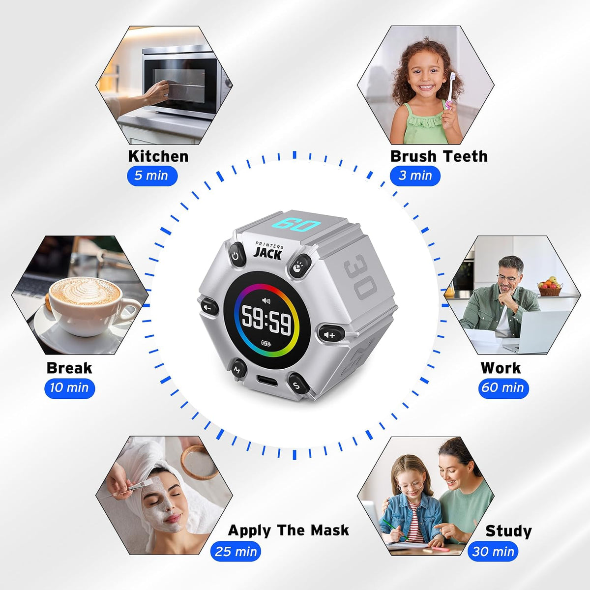 Pomodoro Timer - Productivity Cube, Visual Focus Timer, Mute & Vibration & Adjustable Sound Alert, for Office, ADHD, Study, Work, 3/5/10/25/30/60Min & Custom Countdown - Silver