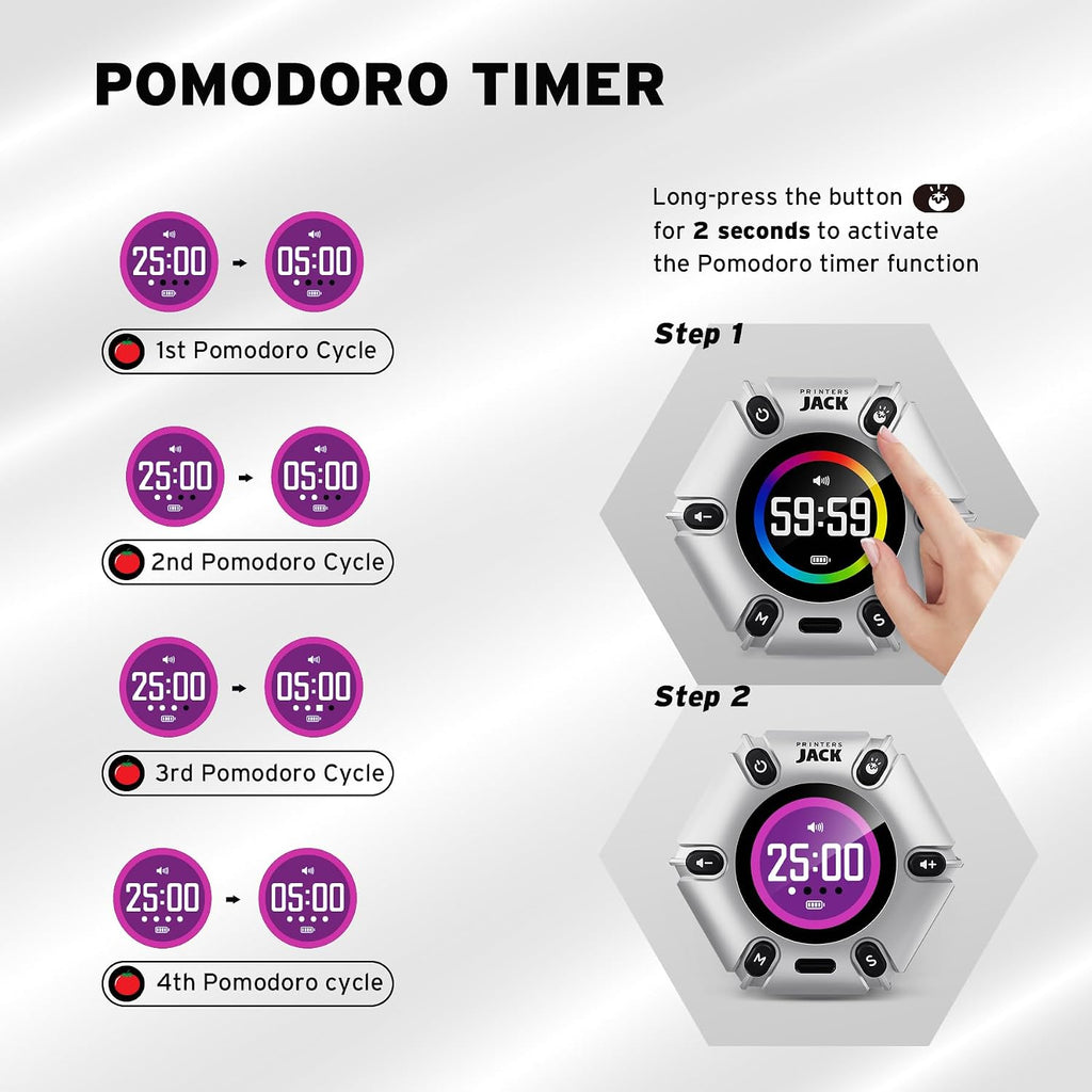 Pomodoro Timer - Productivity Cube, Visual Focus Timer, Mute & Vibration & Adjustable Sound Alert, for Office, ADHD, Study, Work, 3/5/10/25/30/60Min & Custom Countdown - Silver