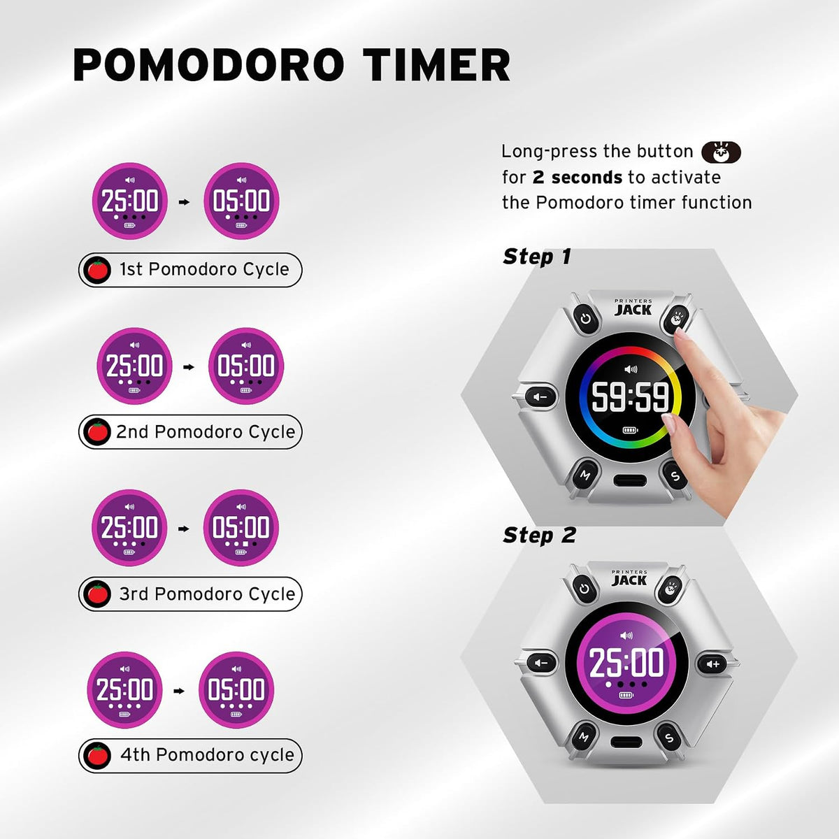 Pomodoro Timer - Productivity Cube, Visual Focus Timer, Mute & Vibration & Adjustable Sound Alert, for Office, ADHD, Study, Work, 3/5/10/25/30/60Min & Custom Countdown - Silver